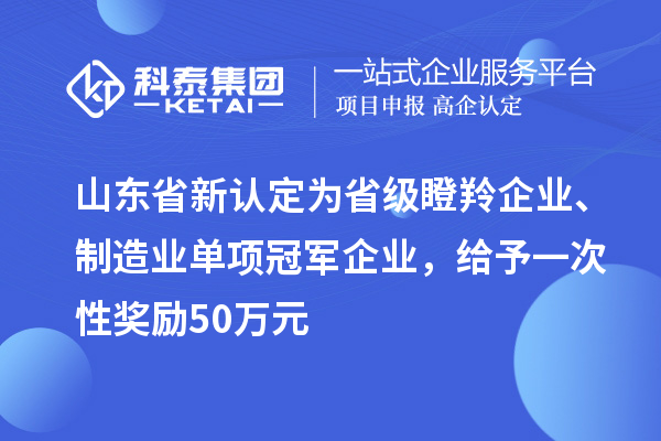 山東省新認(rèn)定為省級(jí)瞪羚企業(yè)、制造業(yè)單項(xiàng)冠軍企業(yè)，給予一次性獎(jiǎng)勵(lì) 50 萬(wàn)元